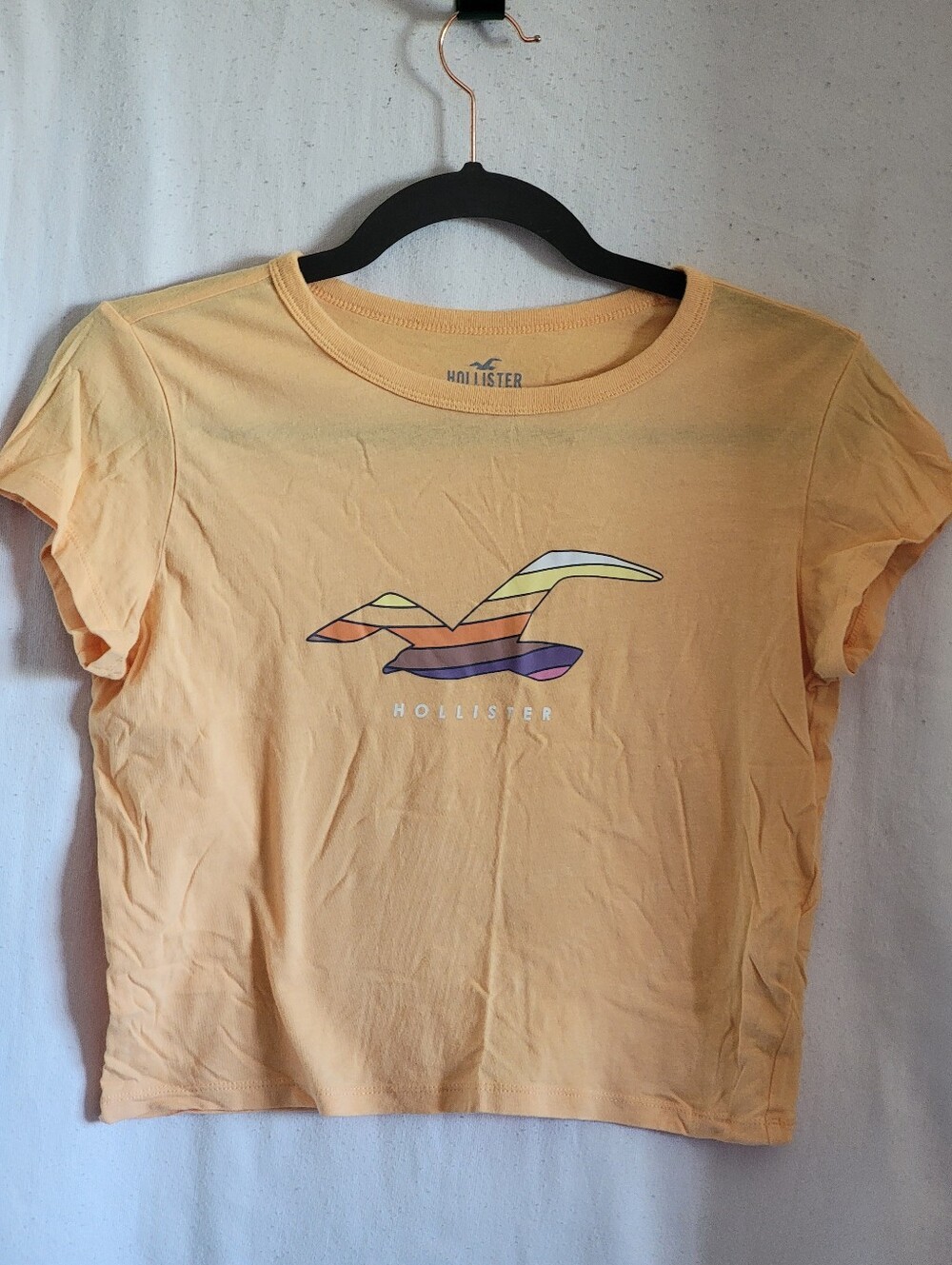 Hollister Yellow Cropped Graphic Tee with Multicolor Logo